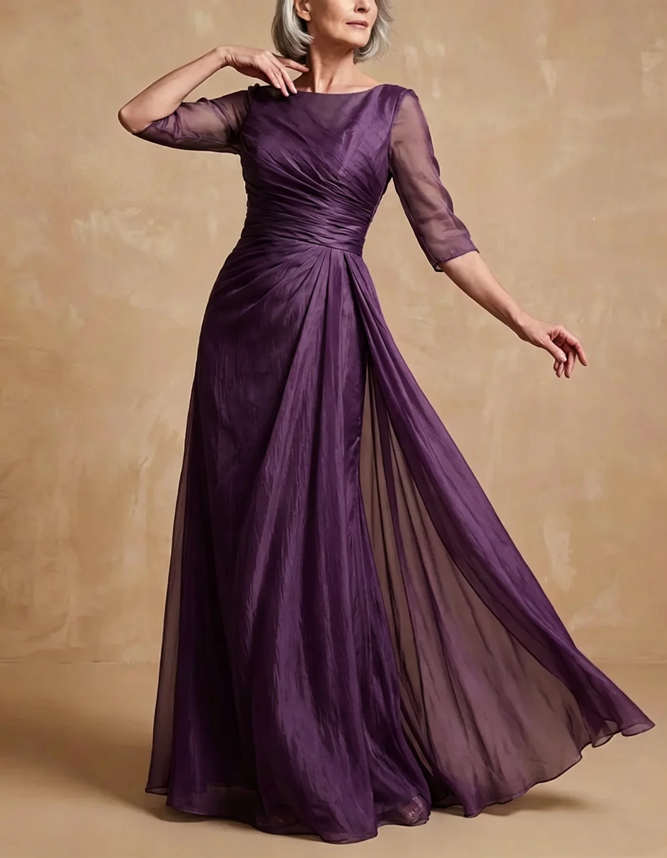 Ruched Bodice Sheer Sleeve Pleated Evening Gown