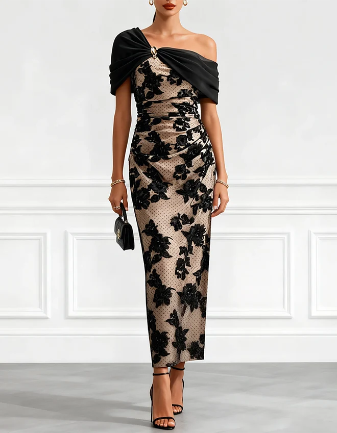 One-Shoulder Polka-Dot Tulle Evening Gown