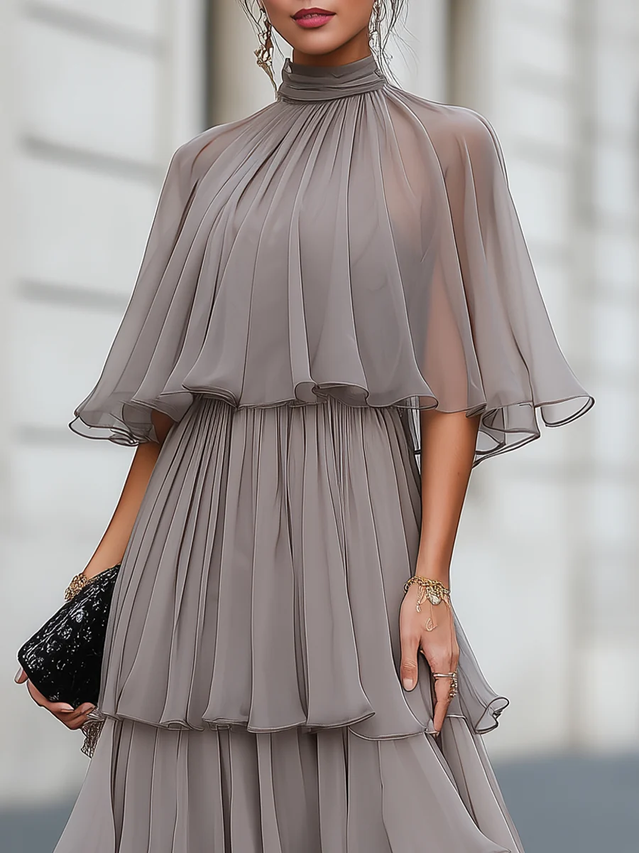 Mock Neck Layered Capelet Ruffled Tiered Chiffon Maxi Dress
