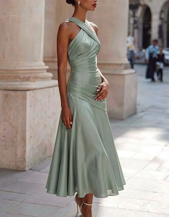 Cross-Over Draped Satin Midi Dress