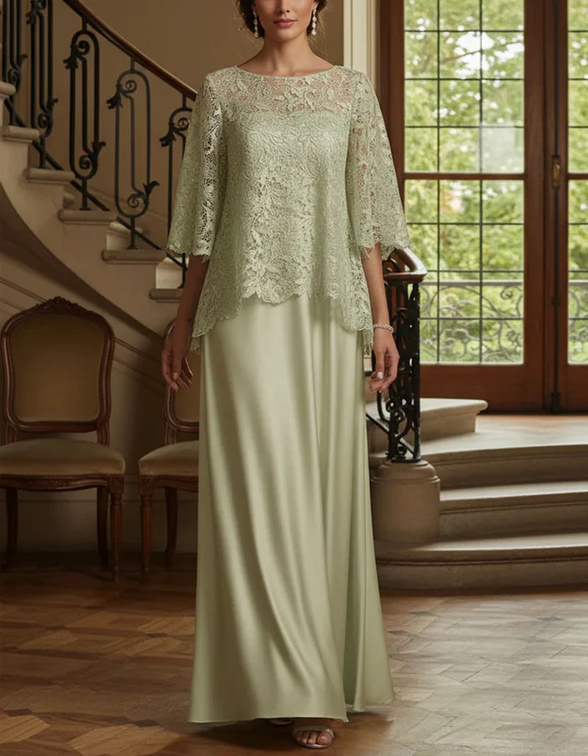 Lace Overlay Satin Evening Gown