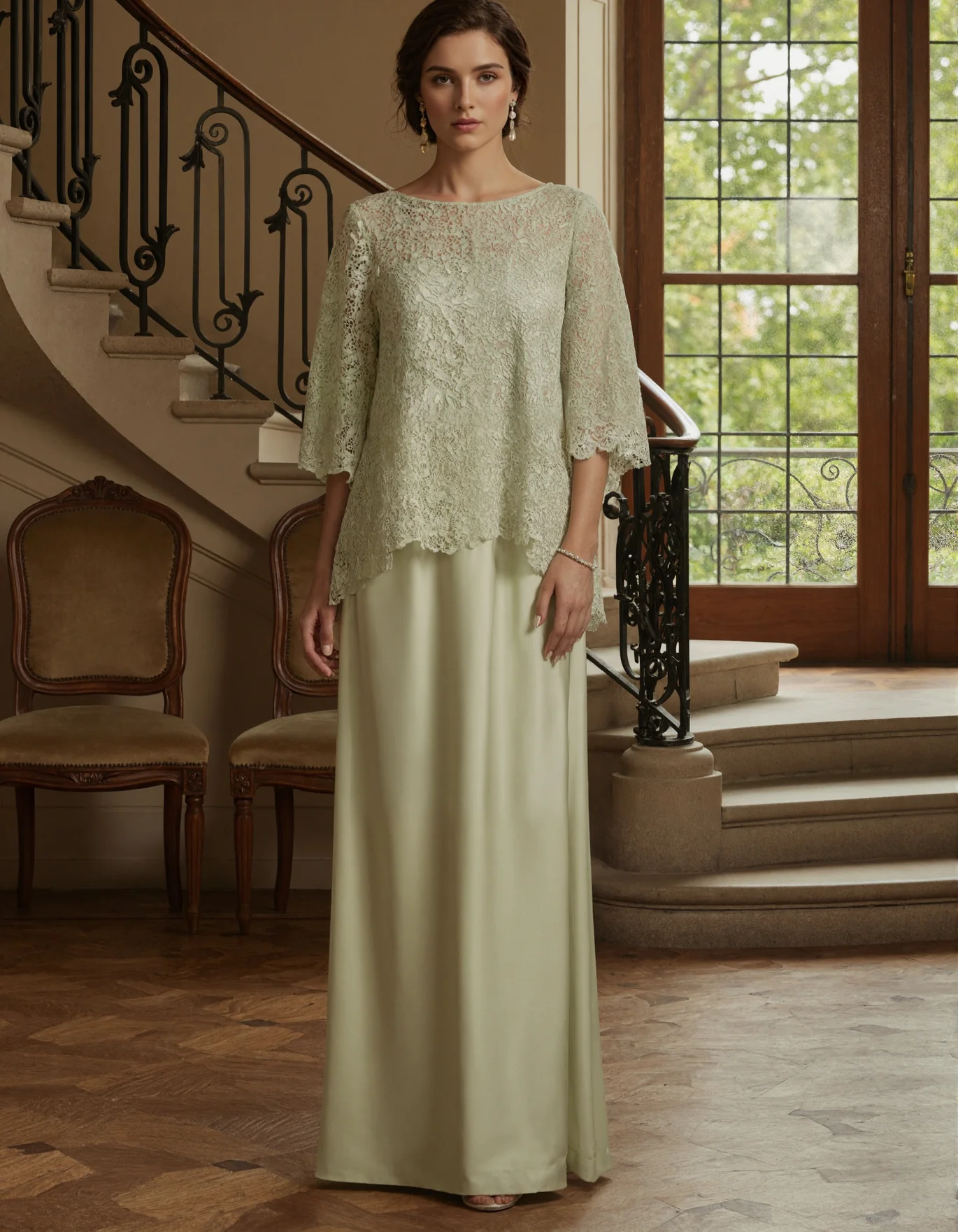 Lace Overlay Satin Evening Gown