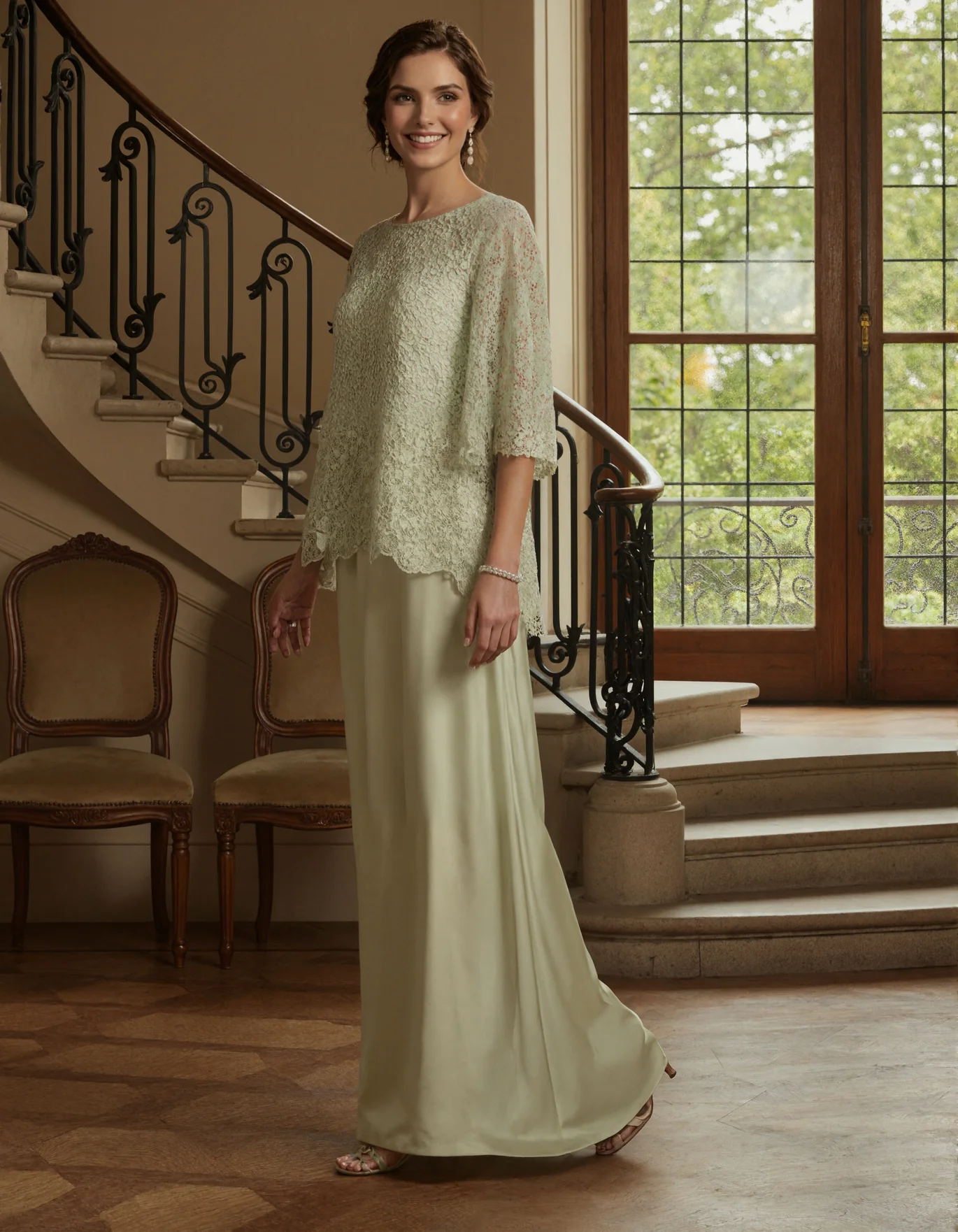 Lace Overlay Satin Evening Gown