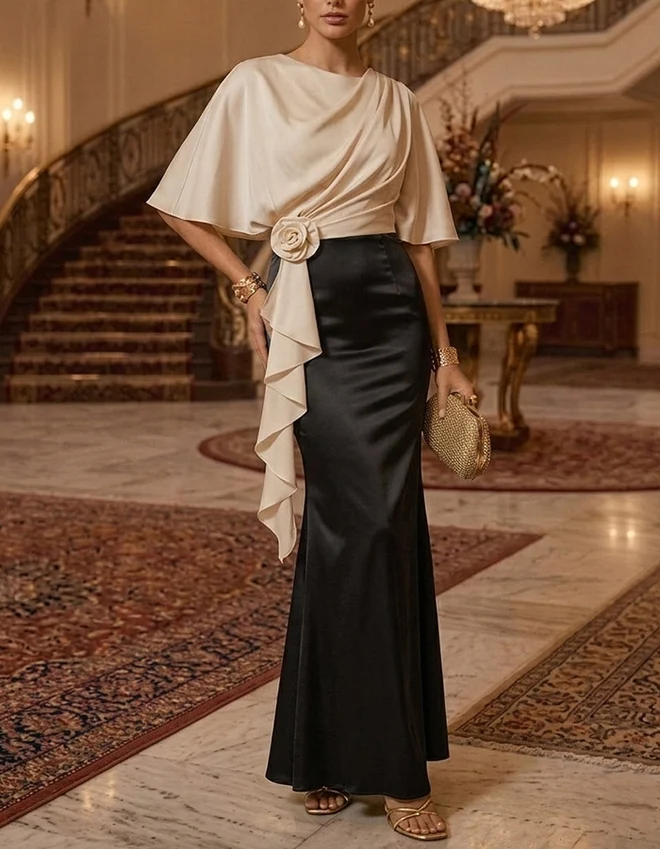 Cape Overlap Satin Evening Gown