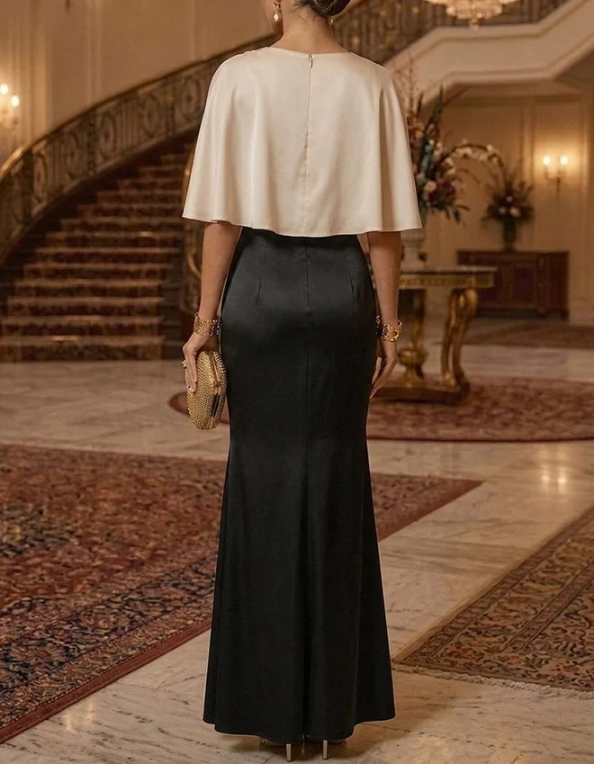 Cape Overlap Satin Evening Gown