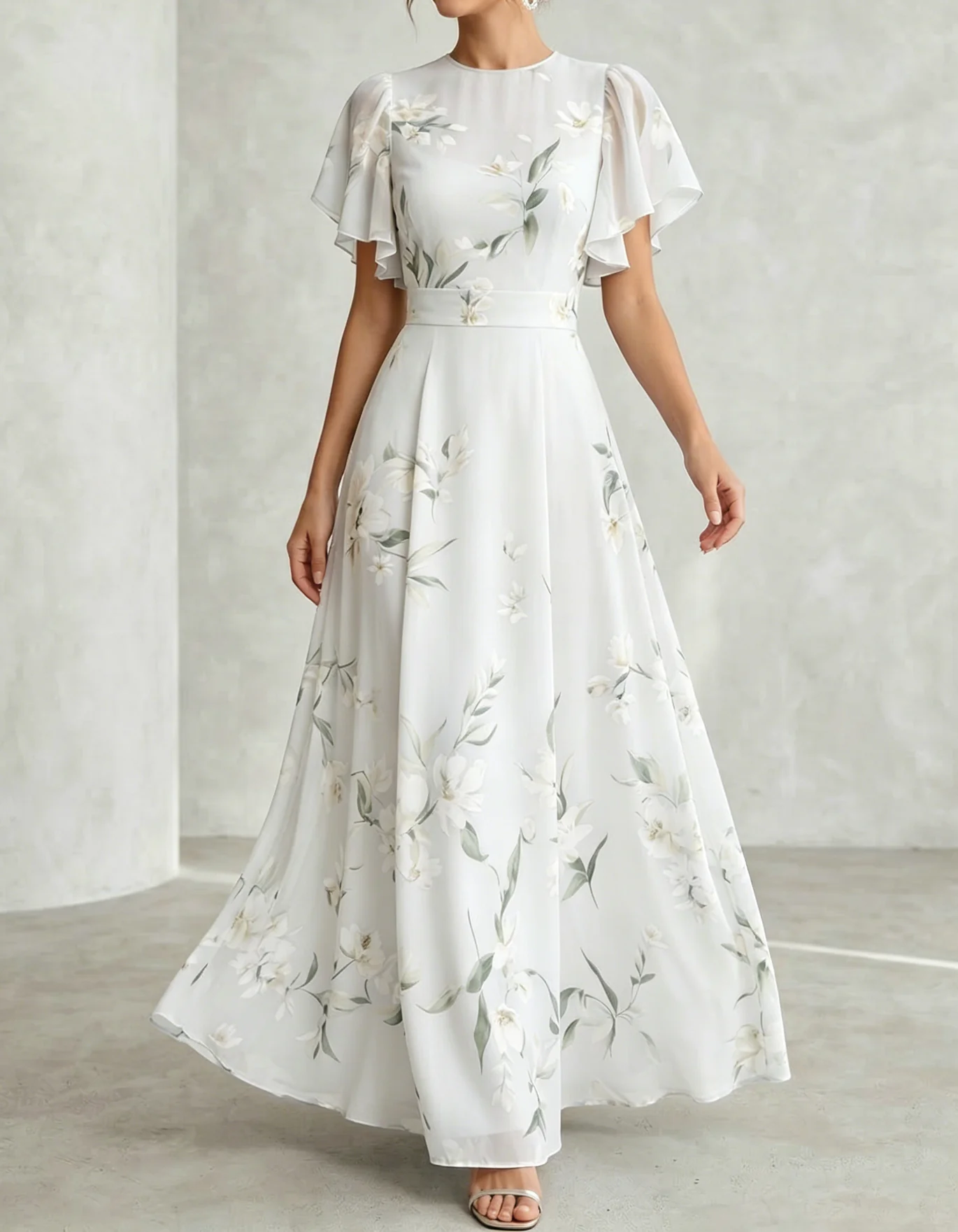 Light Blue Chiffon Round Neck Ruffle Print Maxi Dress
