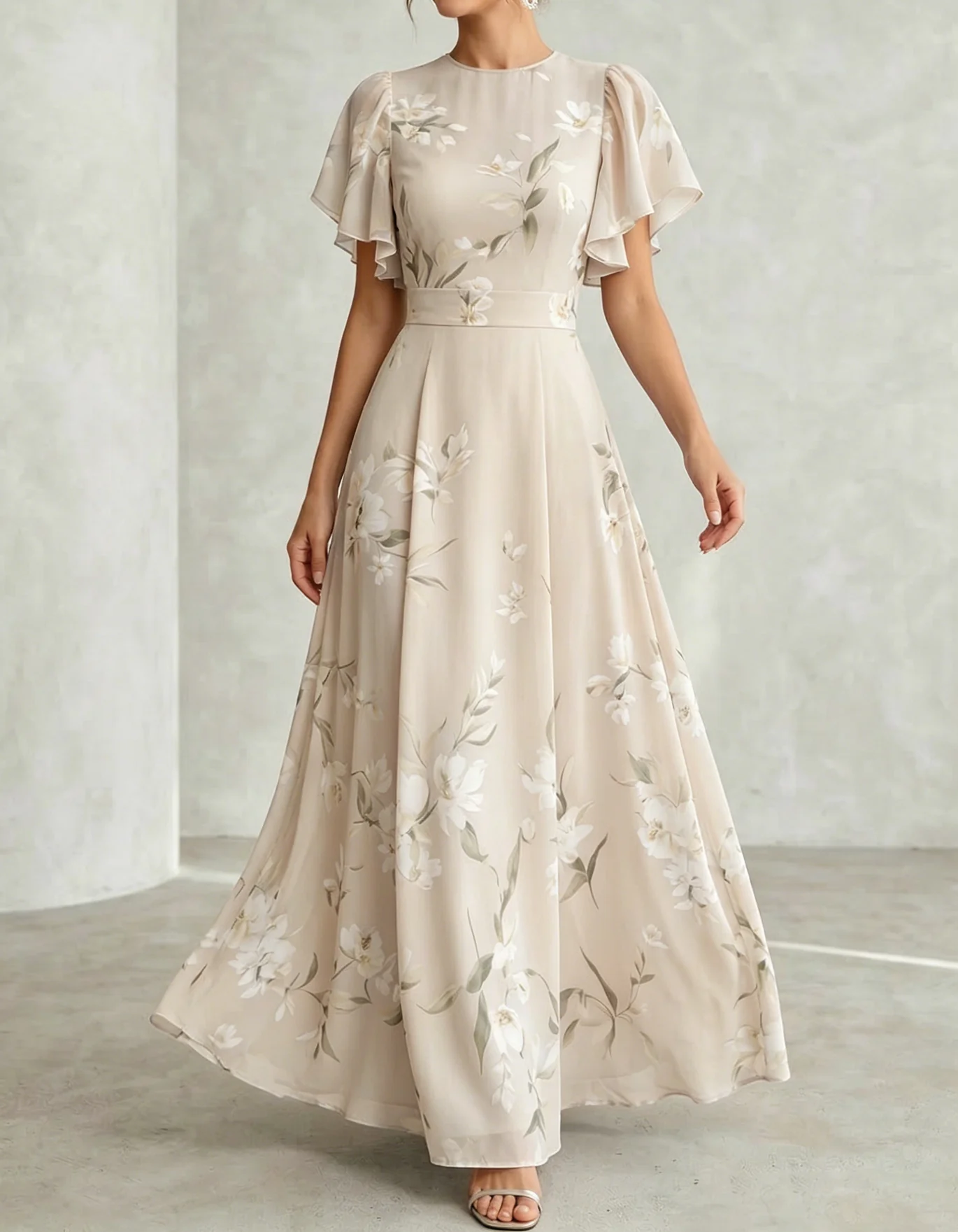 Light Blue Chiffon Round Neck Ruffle Print Maxi Dress