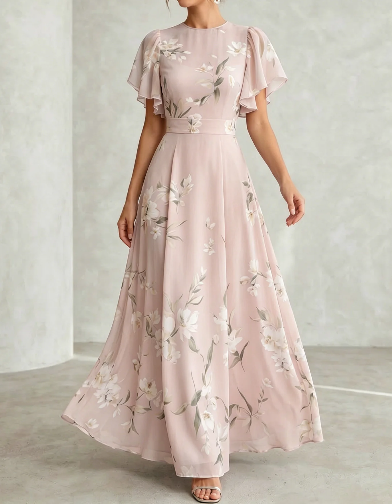 Light Blue Chiffon Round Neck Ruffle Print Maxi Dress