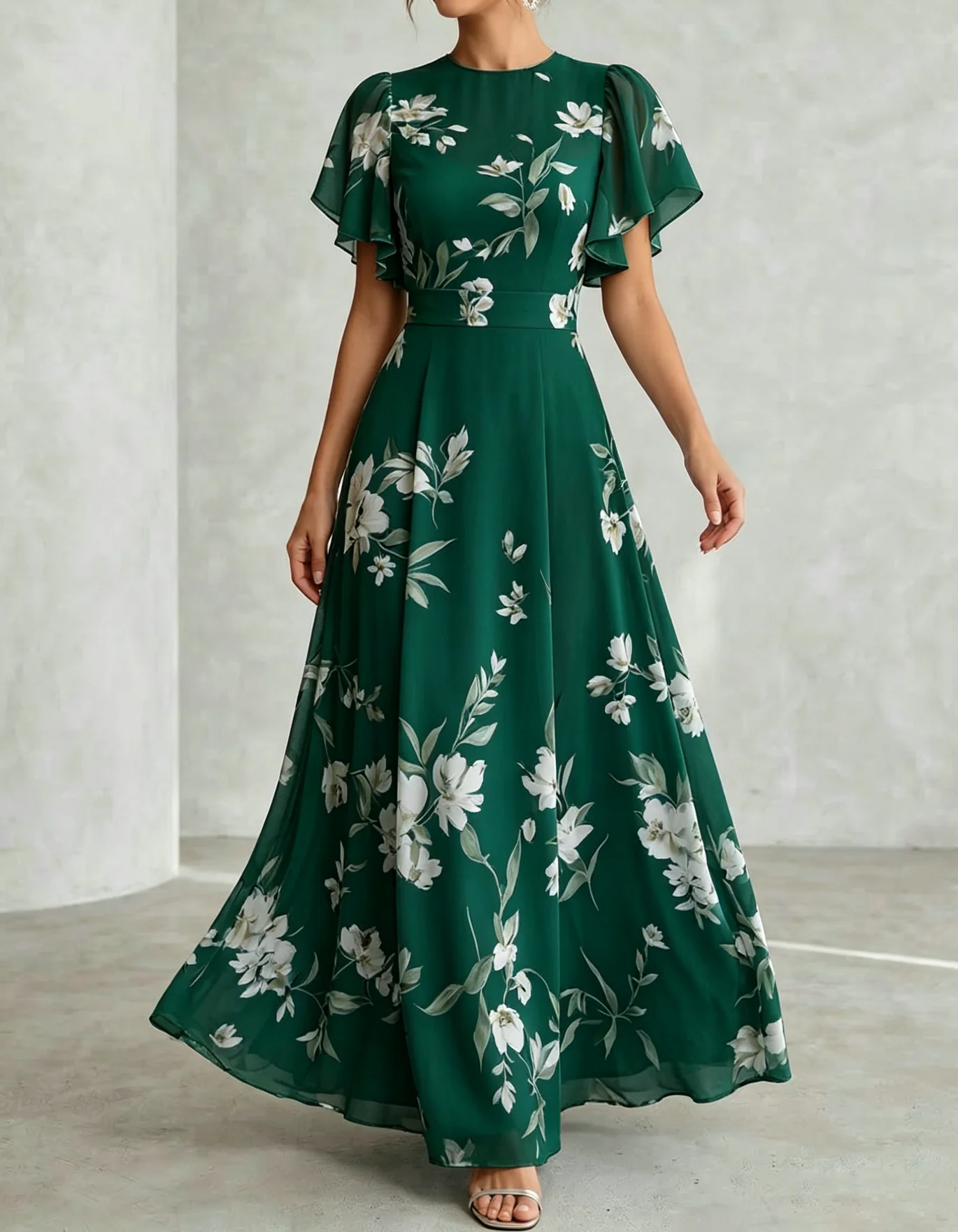 Light Blue Chiffon Round Neck Ruffle Print Maxi Dress