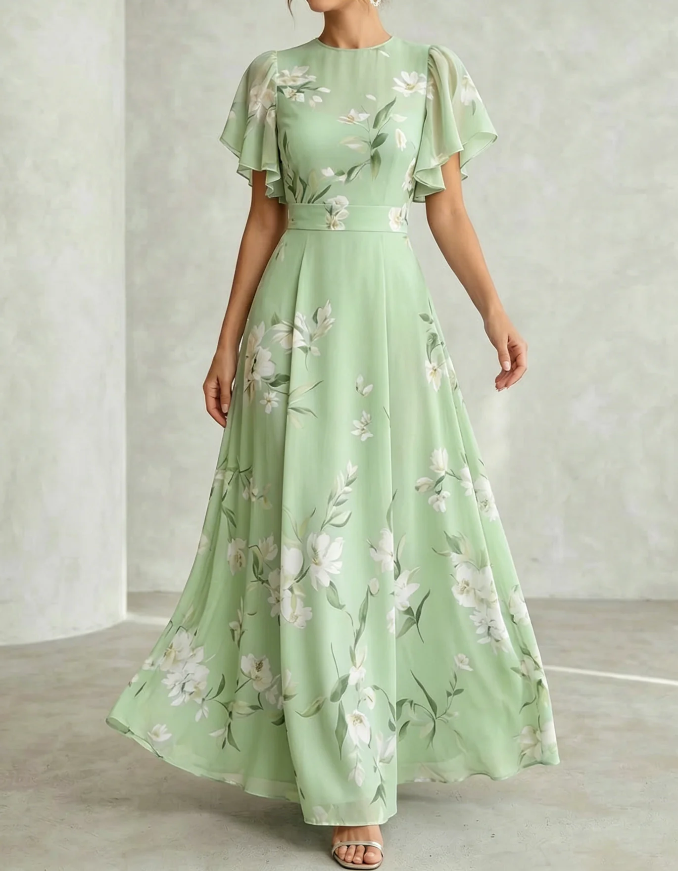 Light Blue Chiffon Round Neck Ruffle Print Maxi Dress