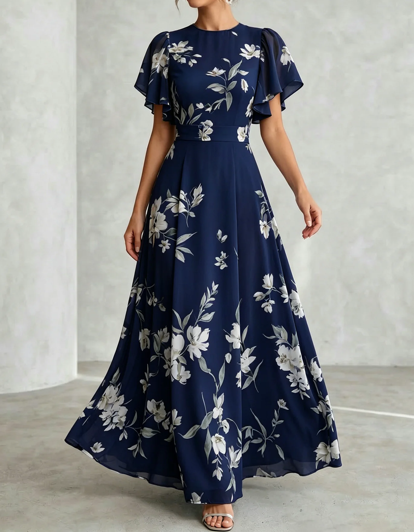 Light Blue Chiffon Round Neck Ruffle Print Maxi Dress