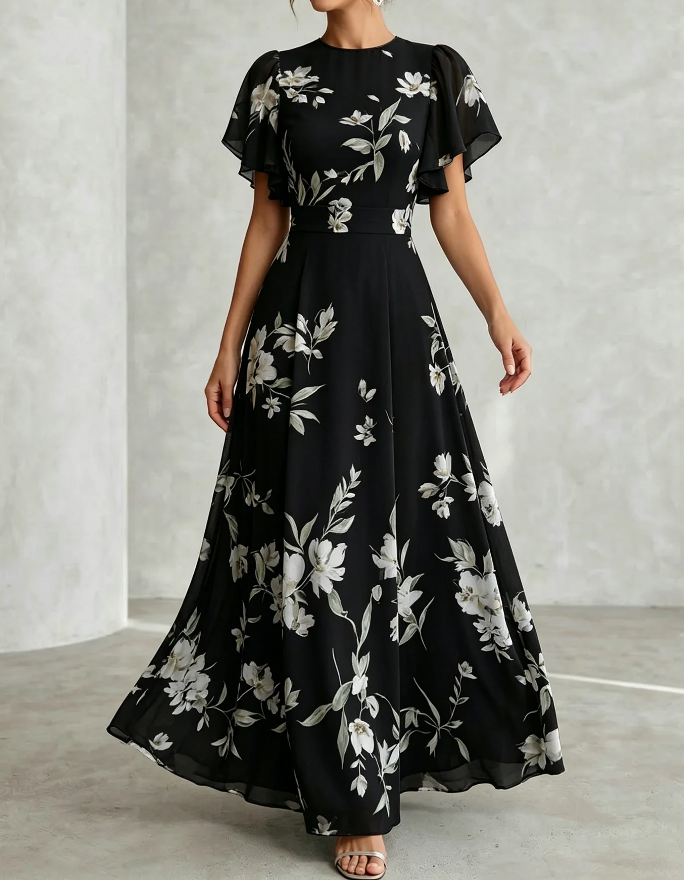Light Blue Chiffon Round Neck Ruffle Print Maxi Dress
