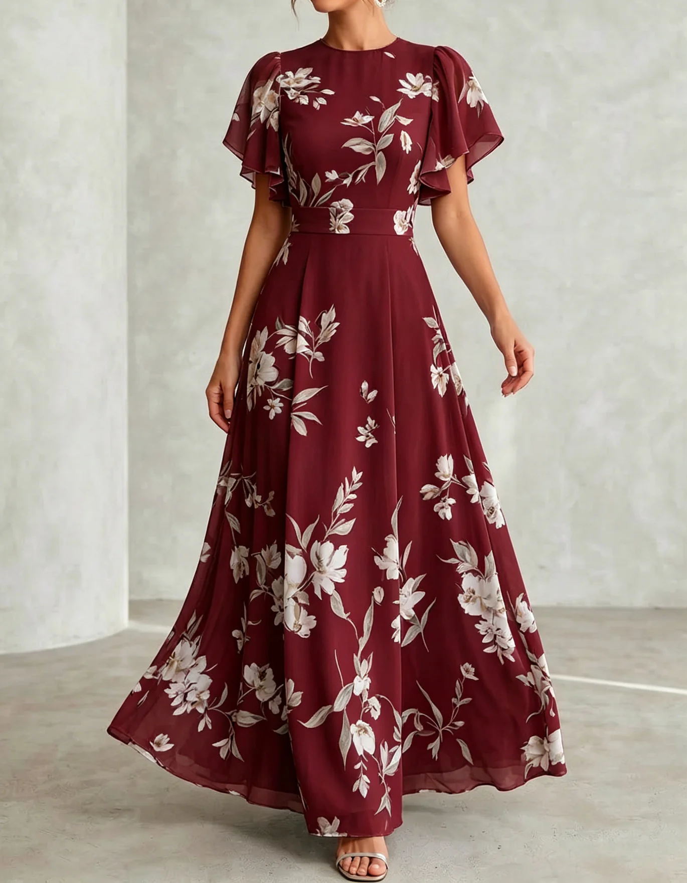 Light Blue Chiffon Round Neck Ruffle Print Maxi Dress