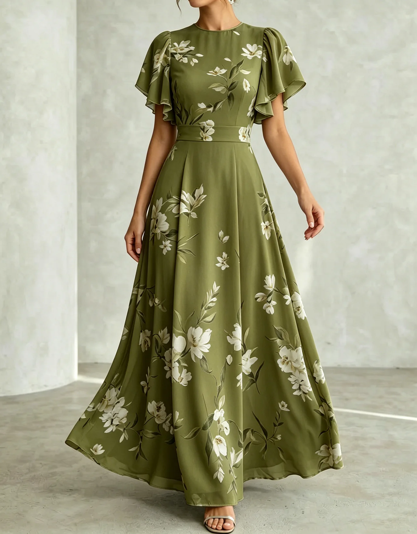 Light Blue Chiffon Round Neck Ruffle Print Maxi Dress