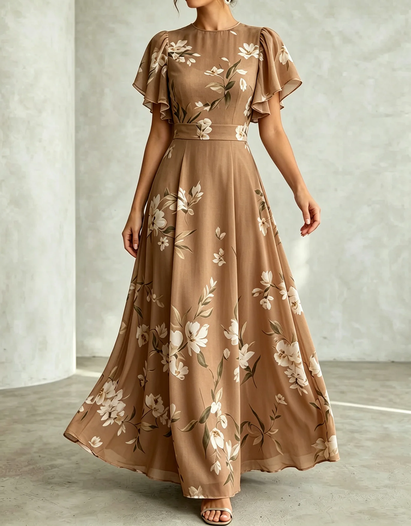Light Blue Chiffon Round Neck Ruffle Print Maxi Dress