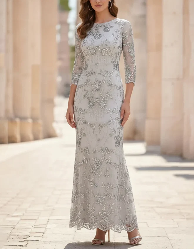 Round Neck Three-Quarter Sleeve Sequin Floral Maxi Dress
