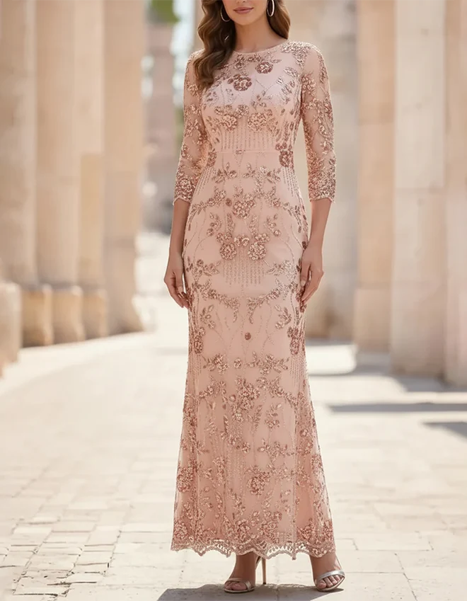 Round Neck Three-Quarter Sleeve Sequin Floral Maxi Dress