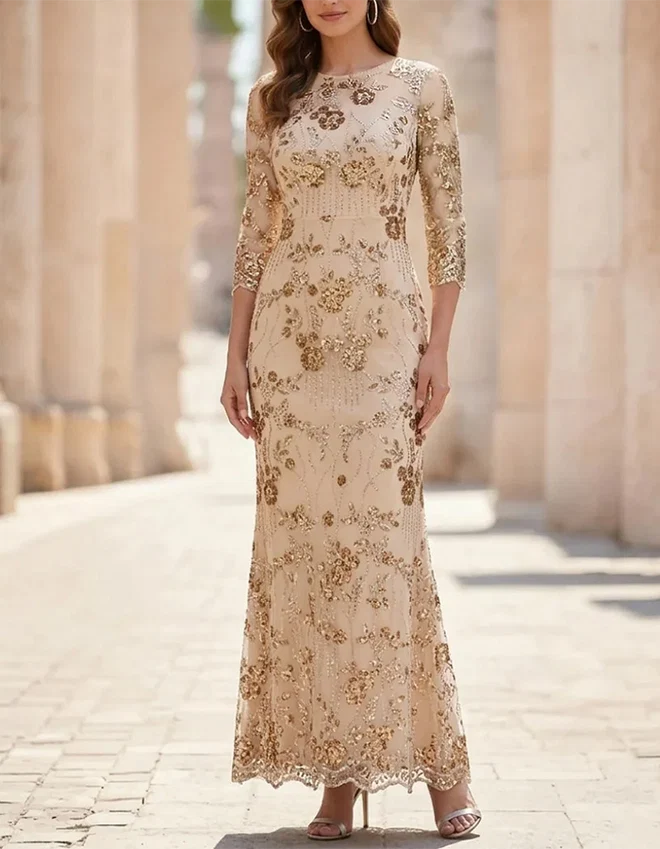 Round Neck Three-Quarter Sleeve Sequin Floral Maxi Dress
