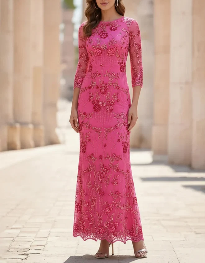 Round Neck Three-Quarter Sleeve Sequin Floral Maxi Dress