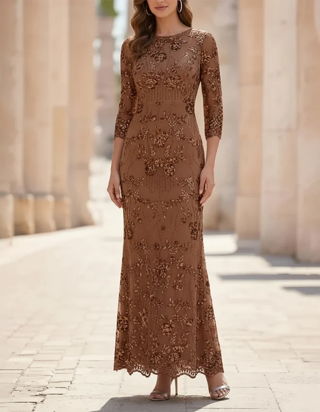 Round Neck Three-Quarter Sleeve Sequin Floral Maxi Dress