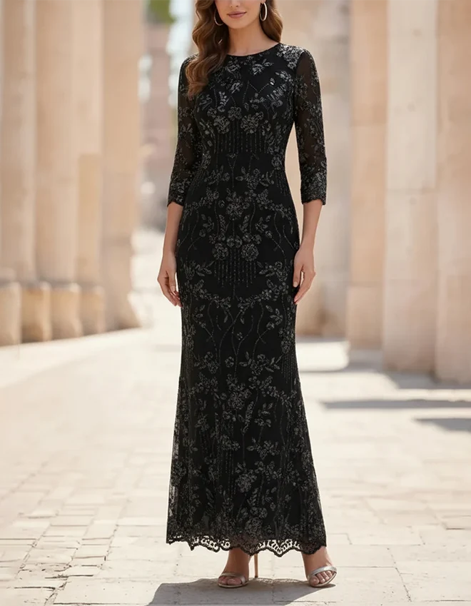 Round Neck Three-Quarter Sleeve Sequin Floral Maxi Dress