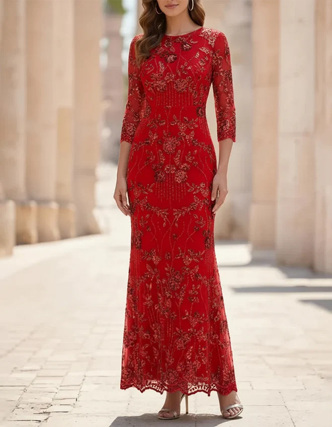Round Neck Three-Quarter Sleeve Sequin Floral Maxi Dress