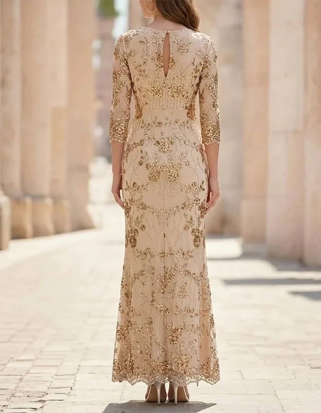 Round Neck Three-Quarter Sleeve Sequin Floral Maxi Dress