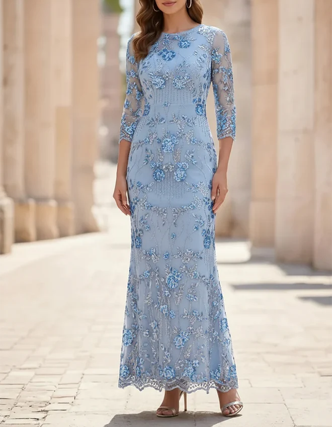 Round Neck Three-Quarter Sleeve Sequin Floral Maxi Dress