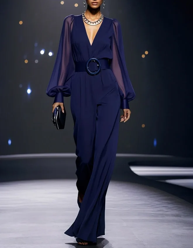 V-Neck Long Sleeve Jacquard Belted Wide-Leg Jumpsuit