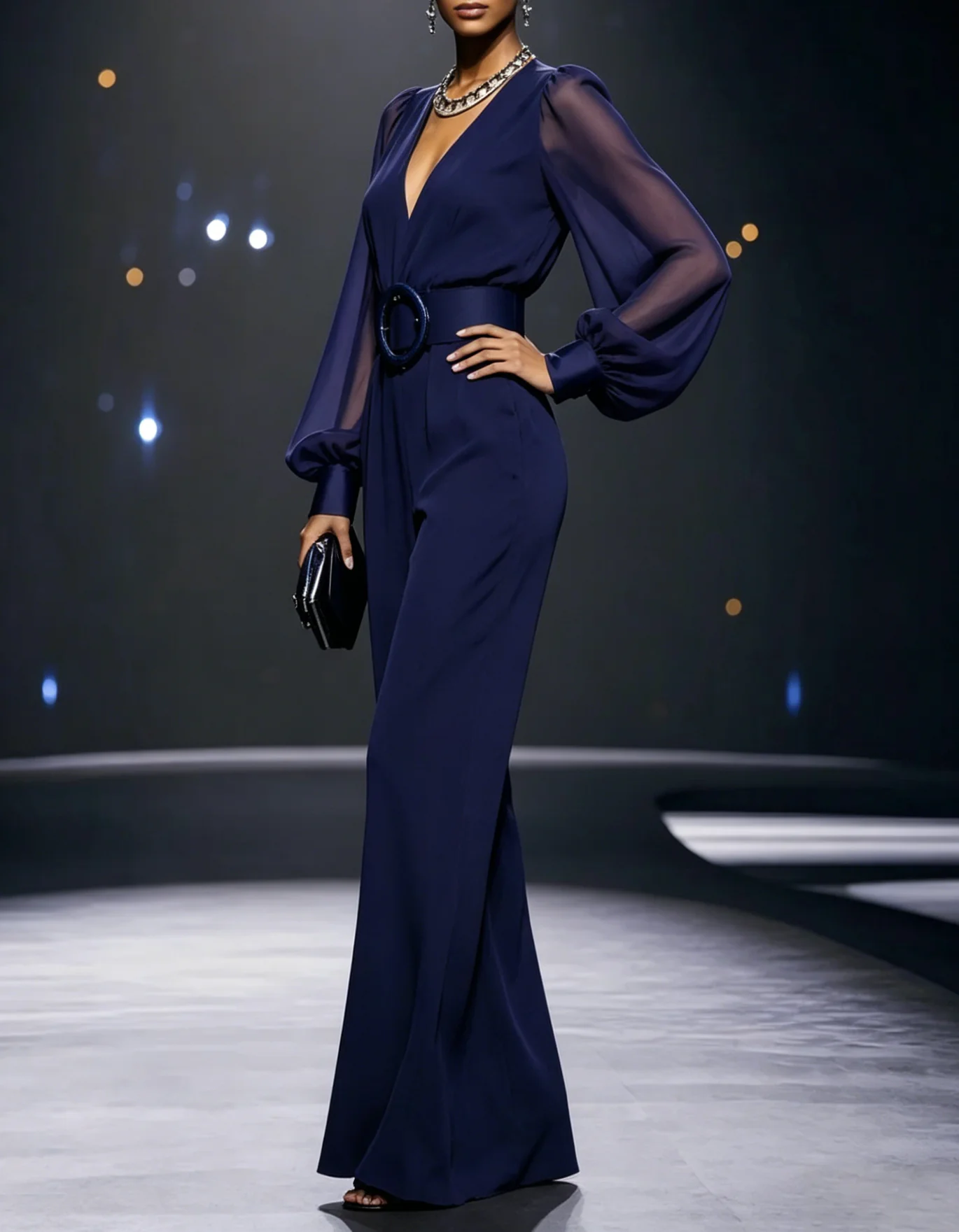V-Neck Long Sleeve Jacquard Belted Wide-Leg Jumpsuit
