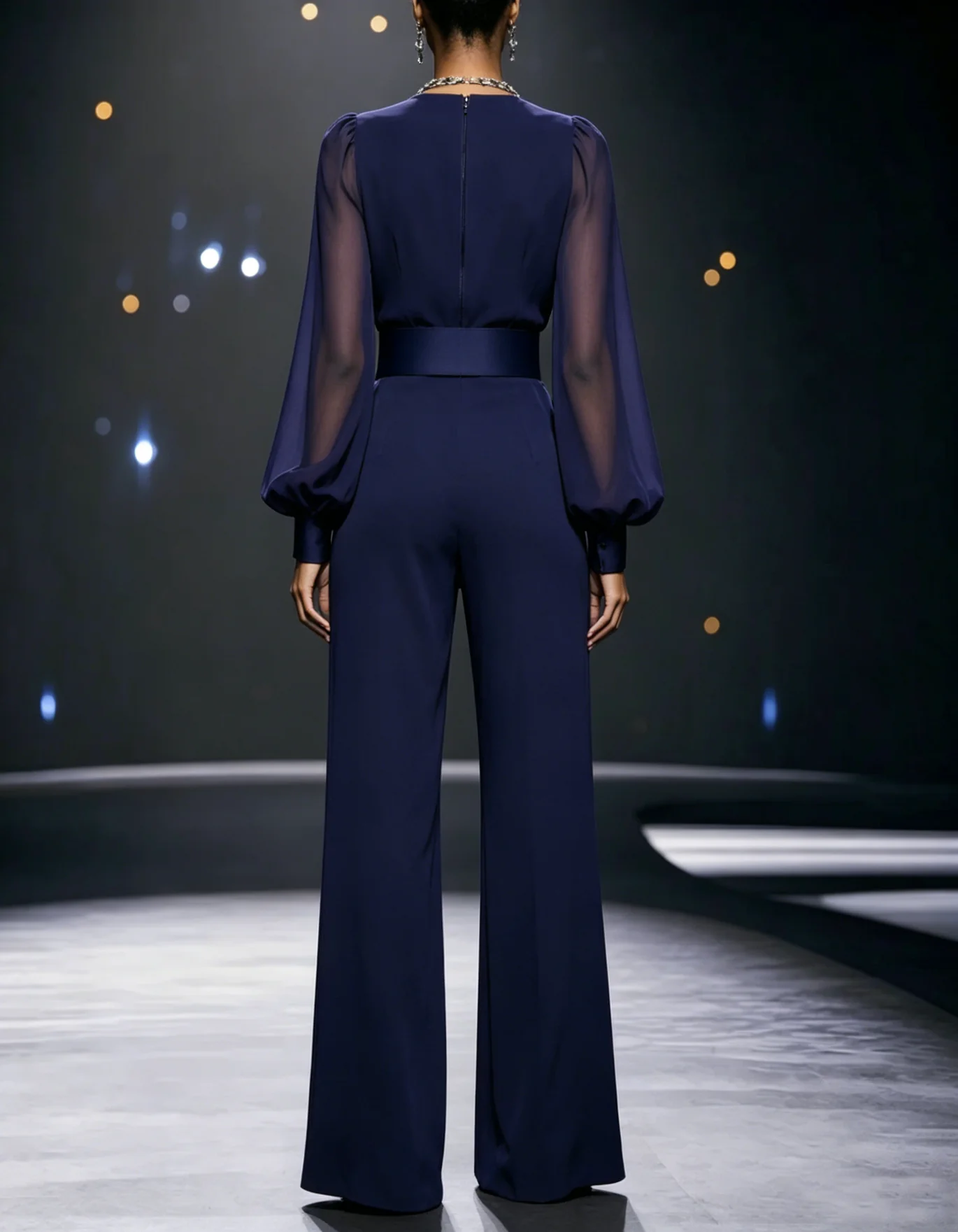 V-Neck Long Sleeve Jacquard Belted Wide-Leg Jumpsuit