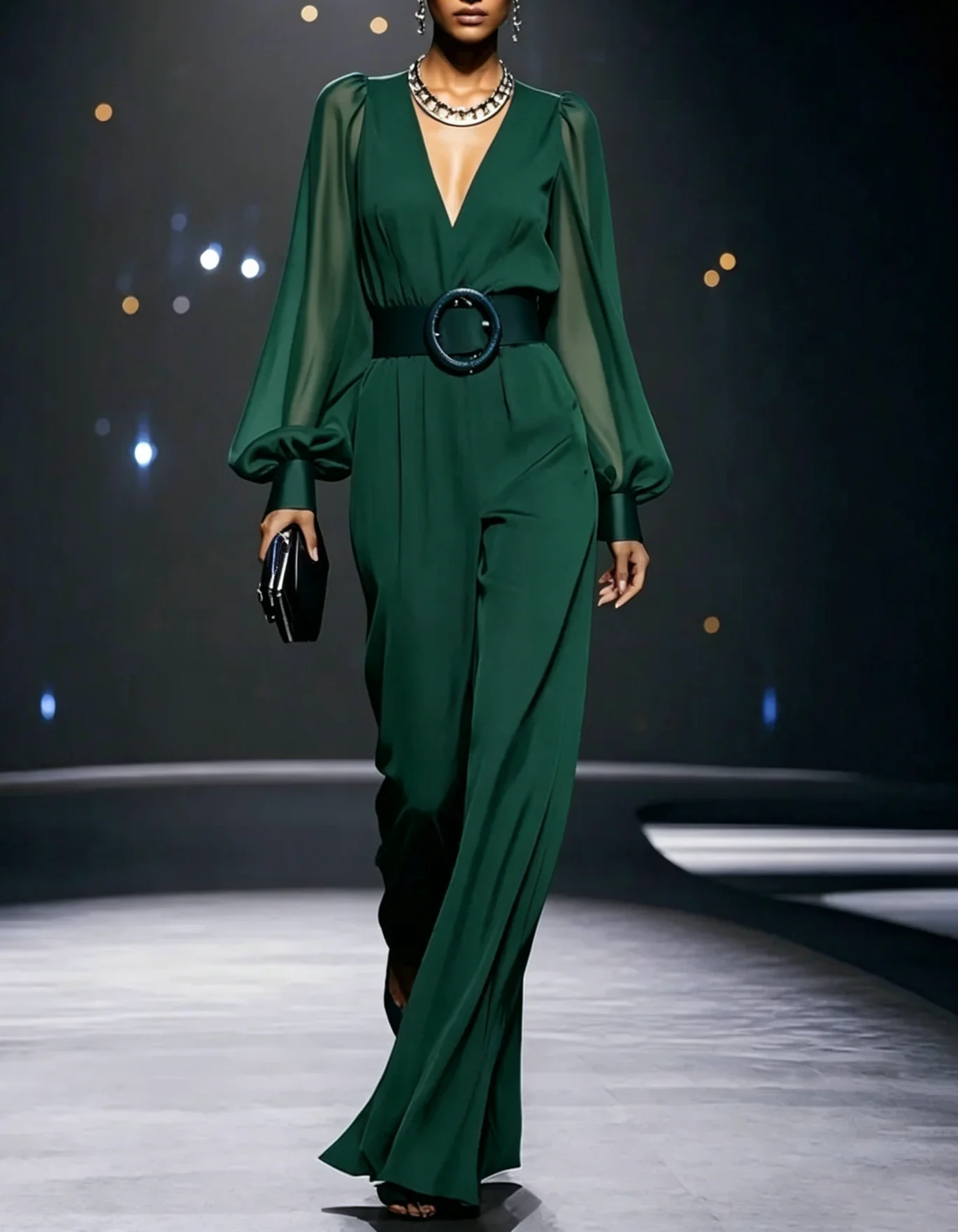 V-Neck Long Sleeve Jacquard Belted Wide-Leg Jumpsuit