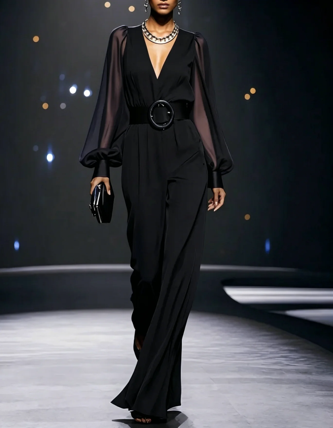 V-Neck Long Sleeve Jacquard Belted Wide-Leg Jumpsuit
