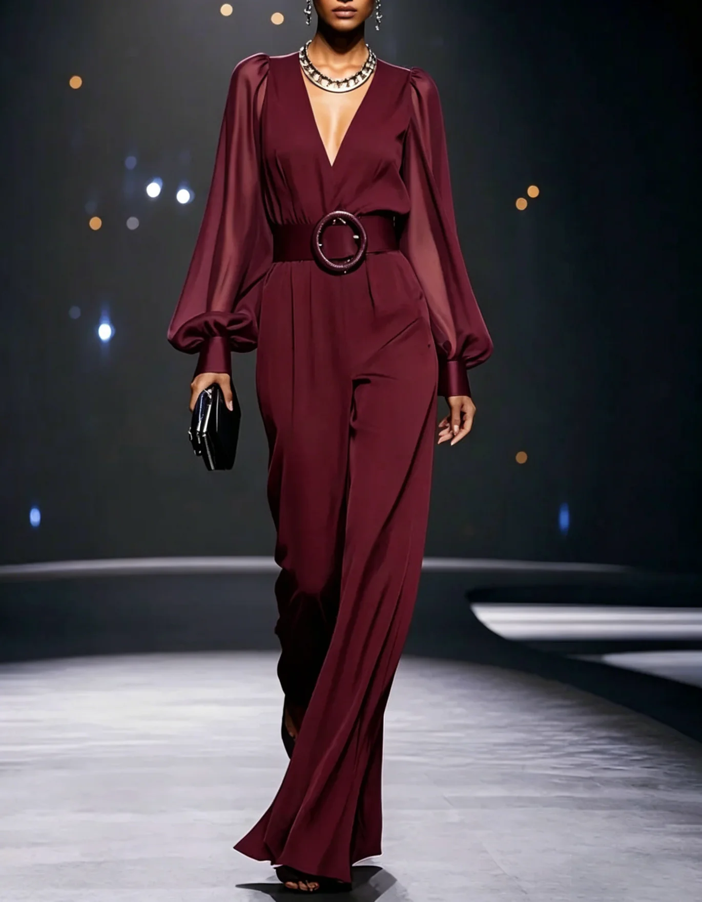 V-Neck Long Sleeve Jacquard Belted Wide-Leg Jumpsuit