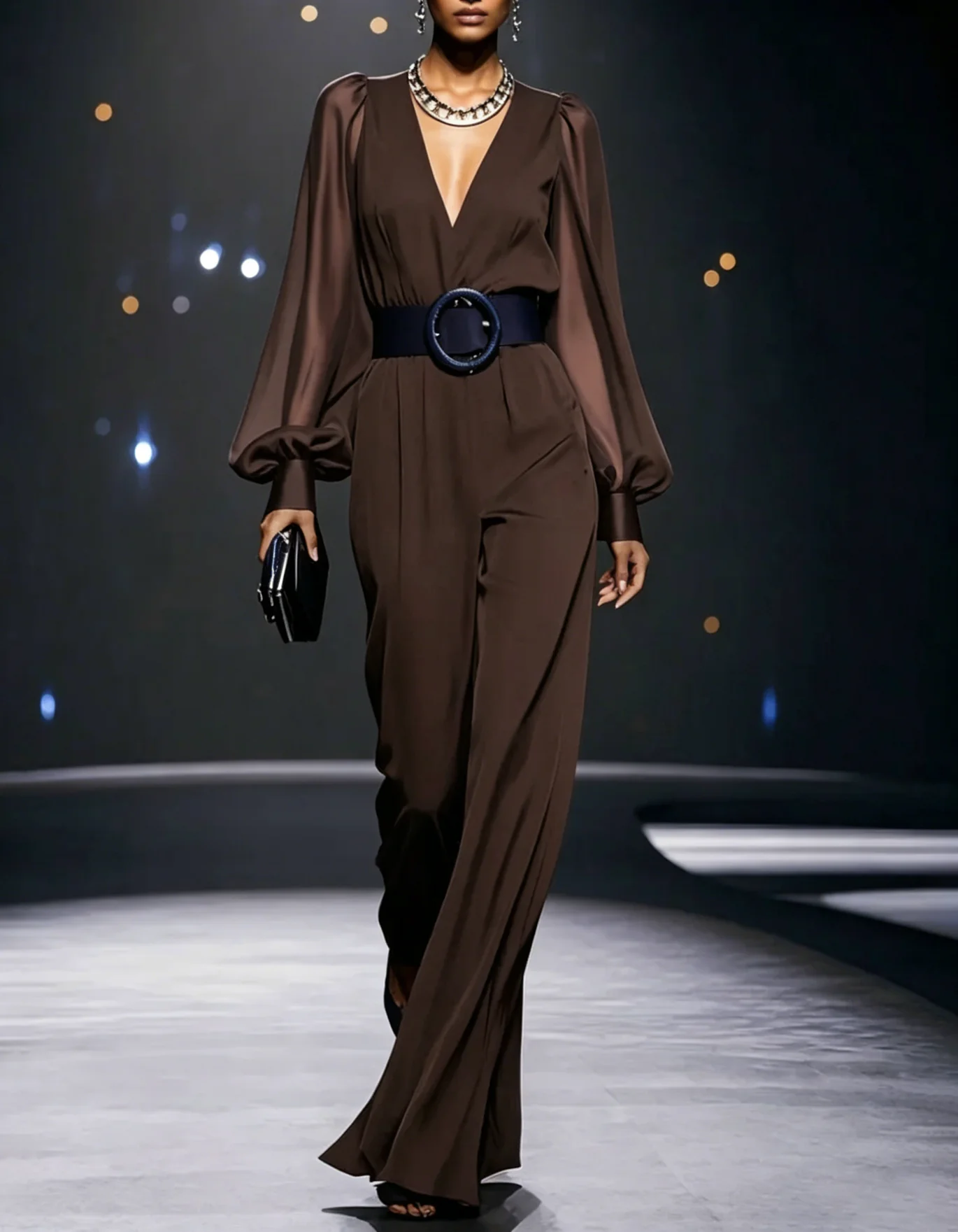 V-Neck Long Sleeve Jacquard Belted Wide-Leg Jumpsuit