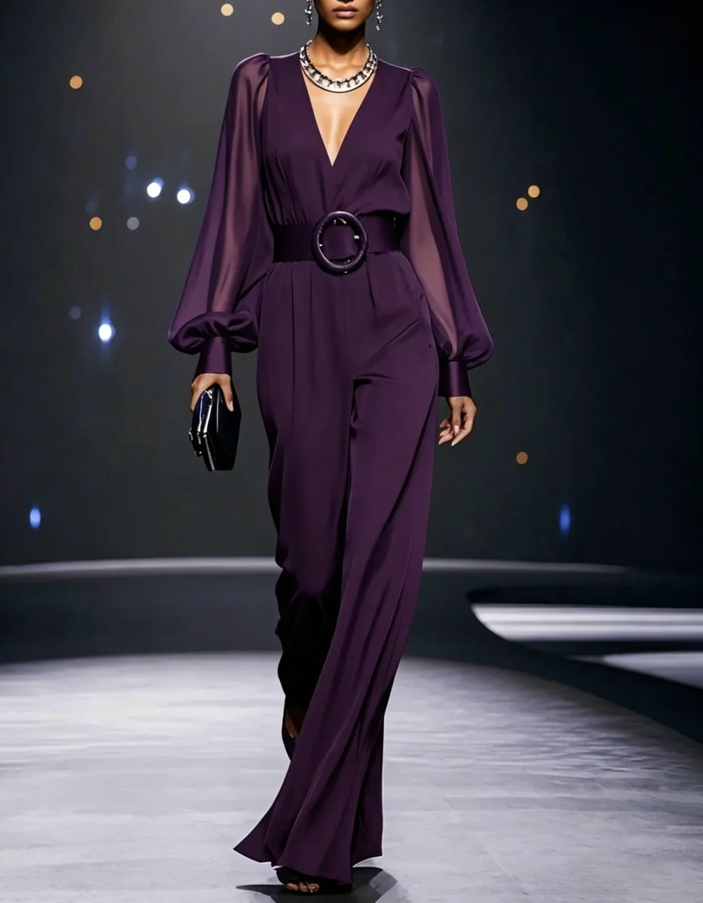 V-Neck Long Sleeve Jacquard Belted Wide-Leg Jumpsuit
