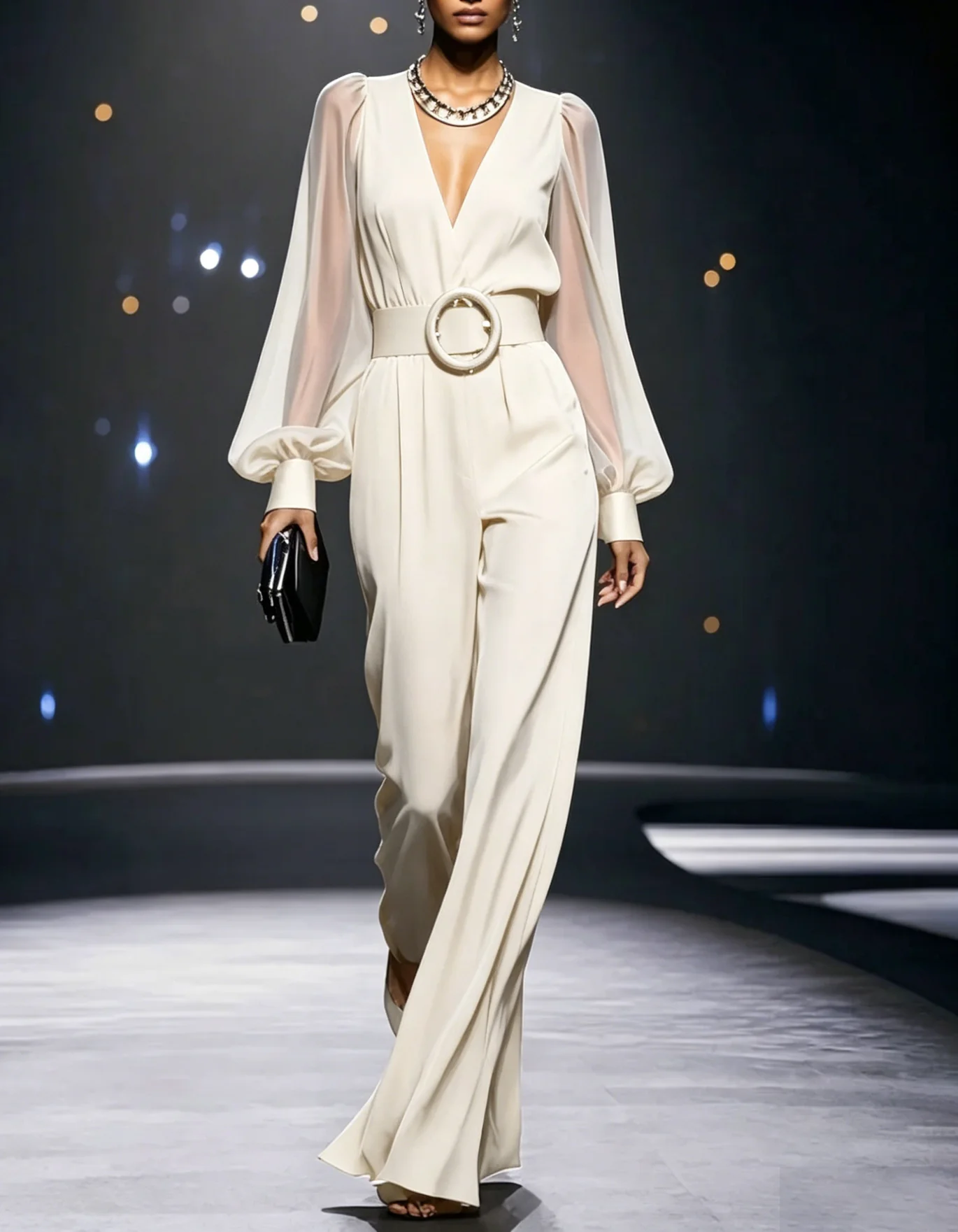 V-Neck Long Sleeve Jacquard Belted Wide-Leg Jumpsuit