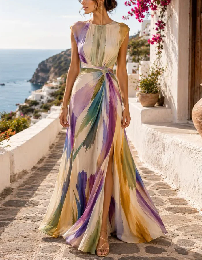 Watercolor Brushstroke Pleated Maxi Dress