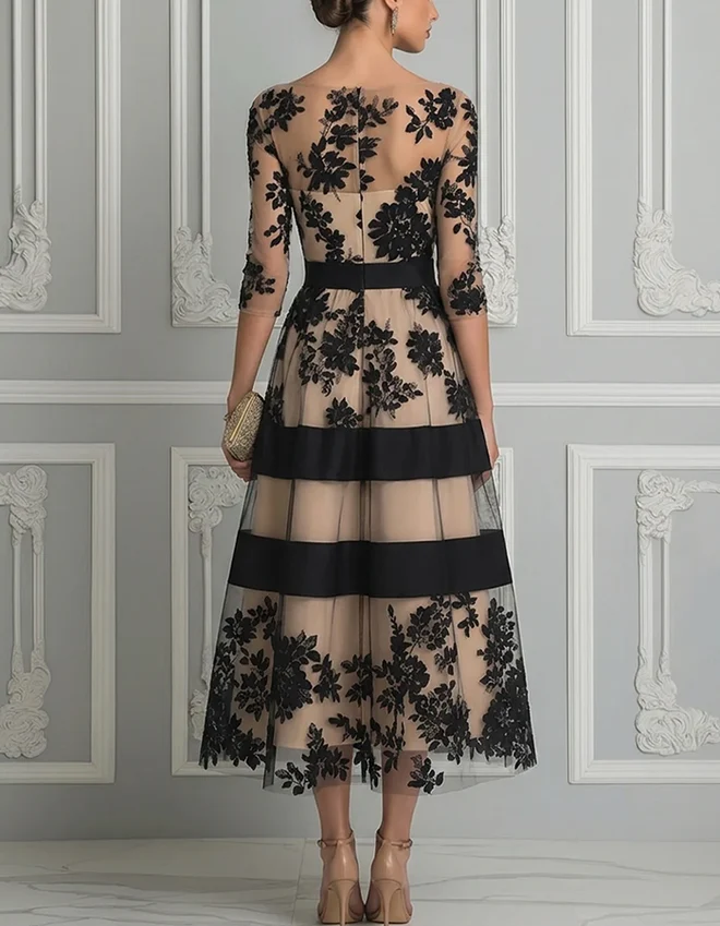 Black Floral Embroidered Sheer Mesh Midi Dress