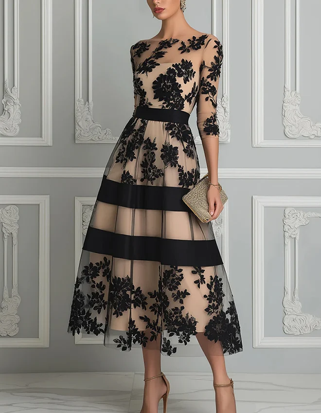 Black Floral Embroidered Sheer Mesh Midi Dress