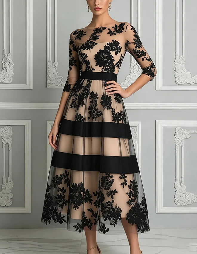Black Floral Embroidered Sheer Mesh Midi Dress