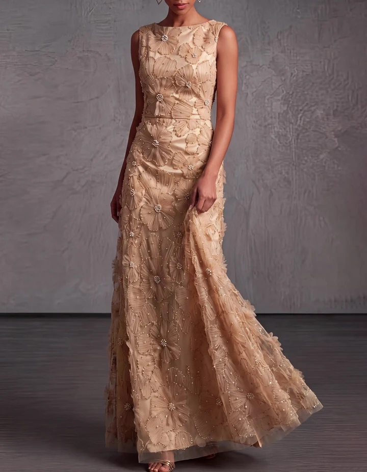 Sleeveless Applique Tulle Evening Gown
