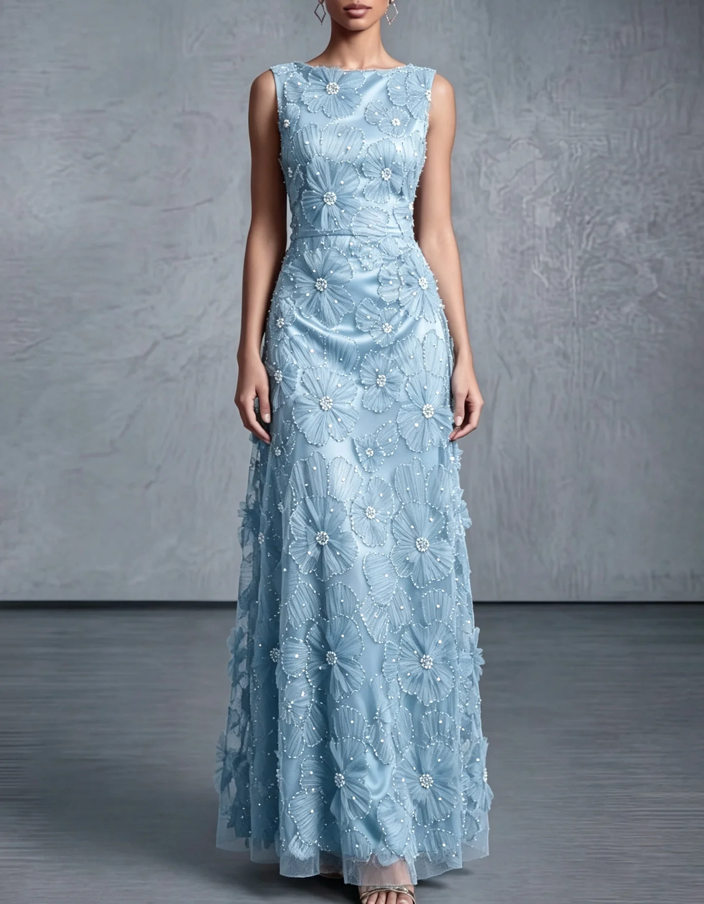 Sleeveless Applique Tulle Evening Gown