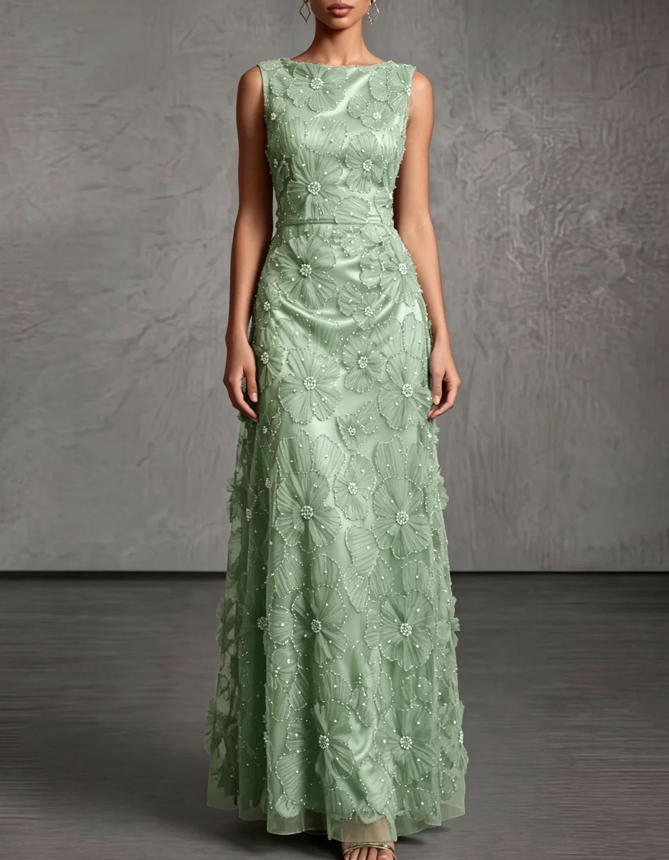Sleeveless Applique Tulle Evening Gown