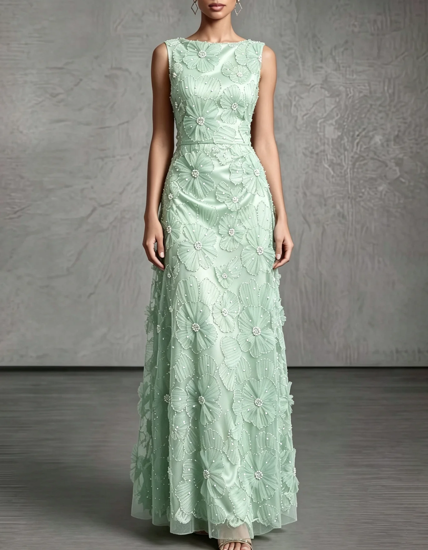 Sleeveless Applique Tulle Evening Gown