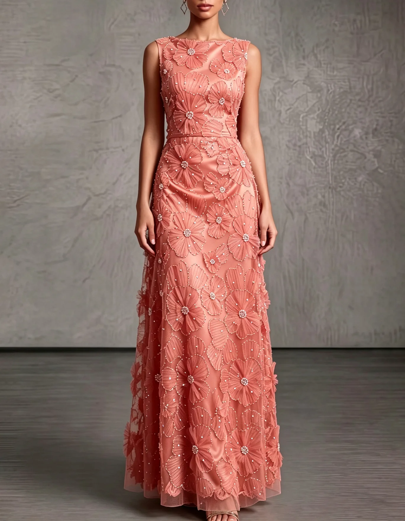 Sleeveless Applique Tulle Evening Gown