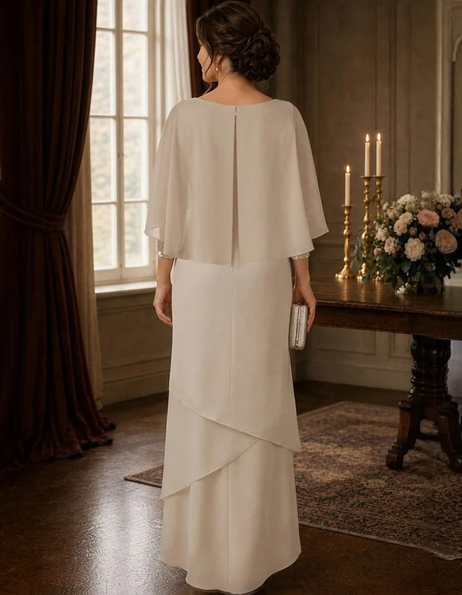 Embellished Capelet Layered Chiffon Evening Gown