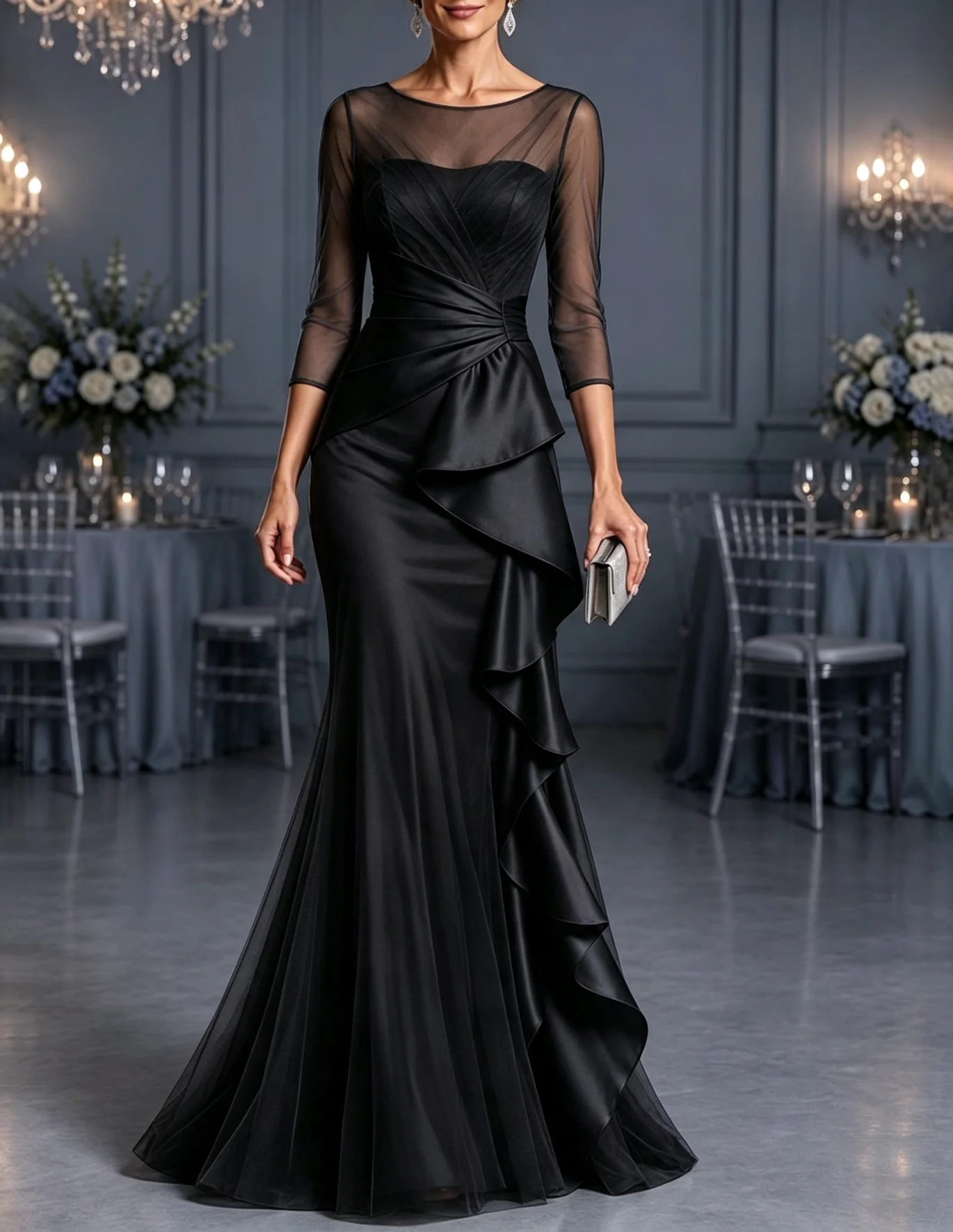 3/4 Sleeve Ruched Tulle and Satin Evening Gown With Cascading Ruffles