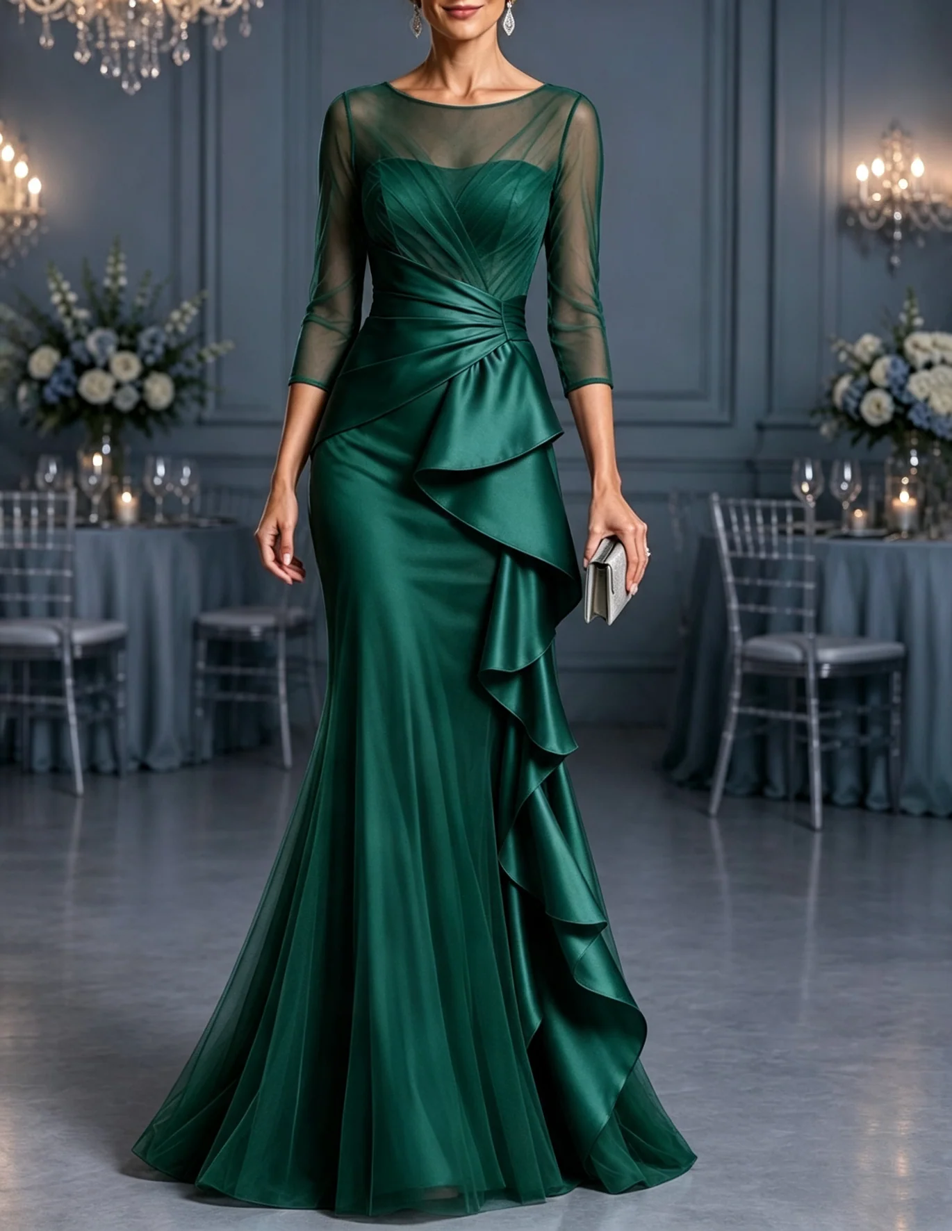 3/4 Sleeve Ruched Tulle and Satin Evening Gown With Cascading Ruffles