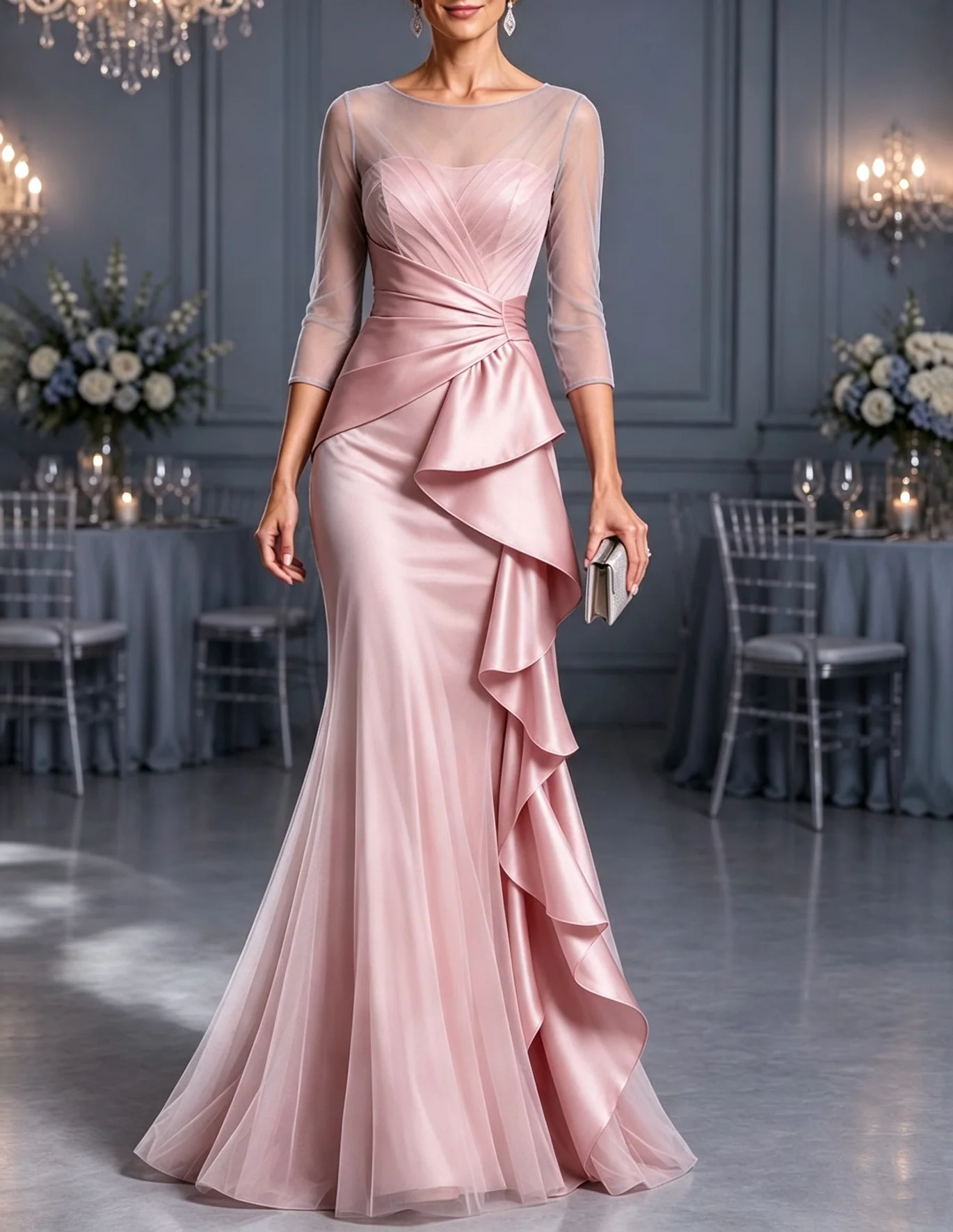3/4 Sleeve Ruched Tulle and Satin Evening Gown With Cascading Ruffles